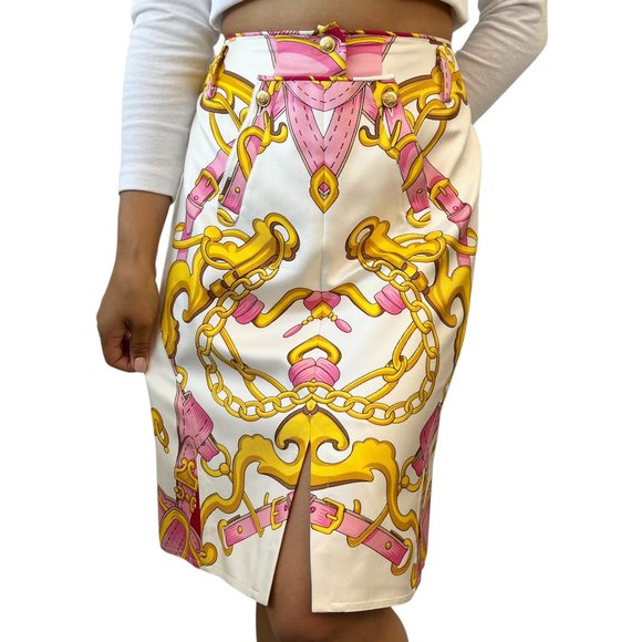 Christian Dior Vintage Logo Knee Length Skirt #40 White Pink Silk Rank [102182]